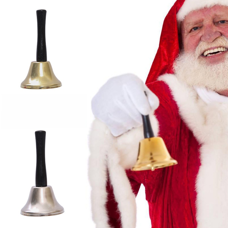 Christmas Hand Bell Metal Iron Festive Loud Call Bell With Wood Handle For Holiday Party Wedding Service Gold Silver Handheld Bell Decor