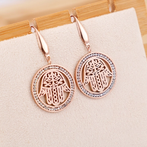 Pendientes Colgantes Redondos Mano De Hamsa Fátima Acero Inoxidable Chapado En Oro 18K Cristal Para Mujeres