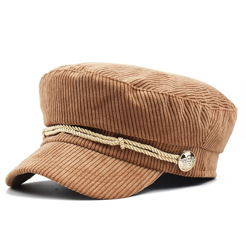 Casquette Gavroche Femme Velours Côtelé Chapeau De Marin Plat Avec Corde Tressée Et Bouton Métal Style Rétro Ajustable
