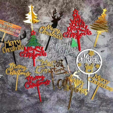 Merry Christmas Cake Toppers Acrylic Reindeer Tree Mirror Gold Decoration Party Supplies Festive Holiday Dessert Decor