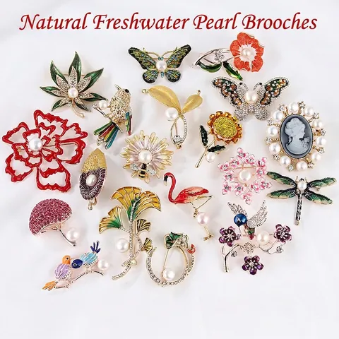 Vintage Elegante Brosche Damen Natürliche Süßwasserperle Legierung Kristall Strass Tier Blumen Form Emaille Pin Schmuck