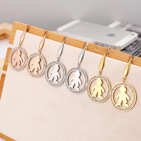 Pendientes Colgantes Con Cristales Y Silueta De Niño Acero Inoxidable Diseño Redondo Joyería Elegante Para Mujer