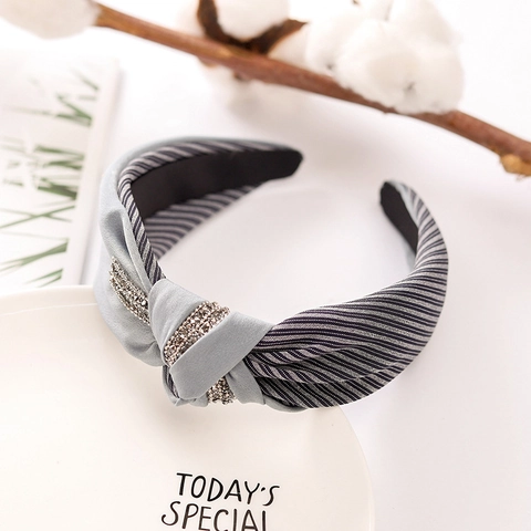 Breedgerande Stoffen Hoofdband Met Steentjes Knoop Gestreept Mode Haarband Voor Vrouwen Trendy Handgemaakte Hoofdtooi