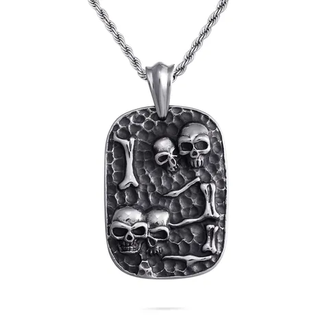 Punk Skull Dog Tag Pendant For Men Stainless Steel Gothic Rock Style Distressed Vintage Silver Finish Jewelry