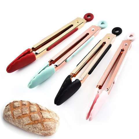 Pince De Cuisine En Silicone Acier Inoxydable Plaqué Or Forme De Fleur Antidérapante Barbecue Clip Avec Anneau De Verrouillage