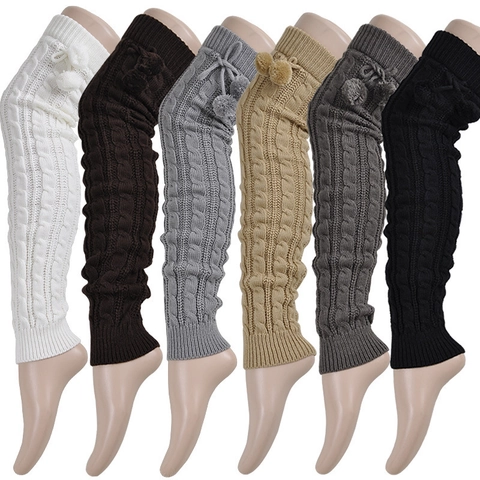 Women Cable Knit Over The Knee Leg Warmers Acrylic Pom Poms Winter Thermal Long Crochet Boots Cuffs Slouchy