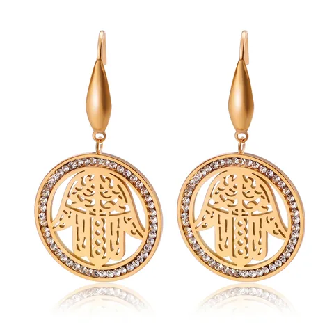 Pendientes Colgantes Redondos Mano De Hamsa Fátima Acero Inoxidable Chapado En Oro 18K Cristal Para Mujeres