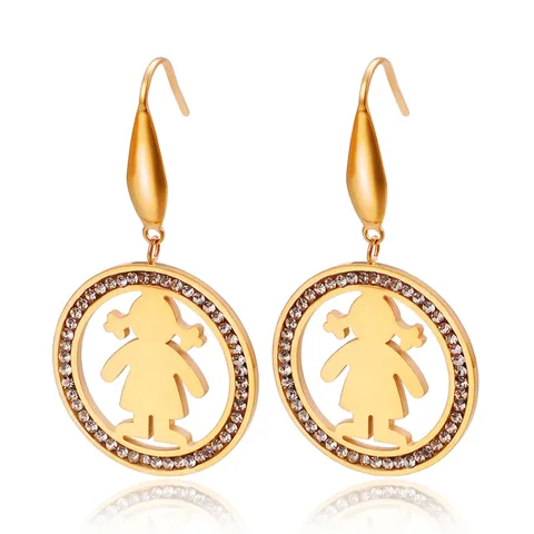 Pendientes Colgantes Con Silueta De Niña Pequeña Redonda Hueca De Acero De Titanio Con Diamantes De Imitación Oro 18K