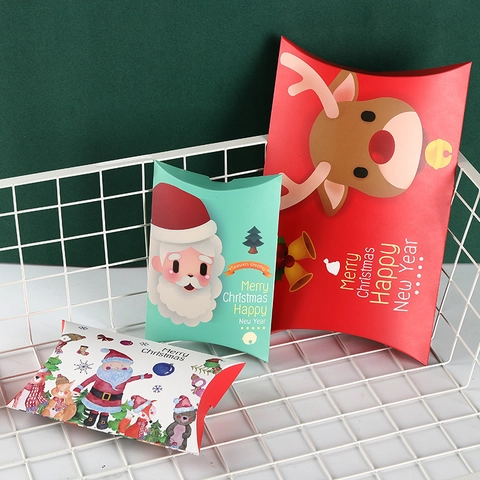 Scatole Regalo Di Natale Caramelle Cartone Forma Cuscino Motivo Renna Babbo Natale Imballaggio Festa Scatola Dolci