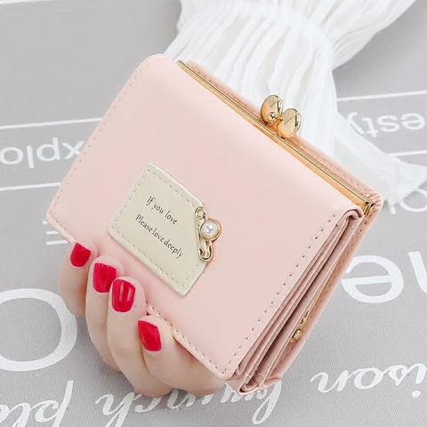 Portefeuille Court Femme Cuir PU Pliant Fermoir Clic-clac Mini Porte-cartes Décoration Künstliche Perle Style Doux