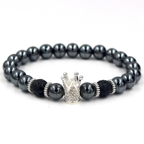 Beaded Bracelet Hematite Lava Stone Alloy Cubic Zirconia Crown Animal Charm Elastic Retro Punk Jewelry For Men