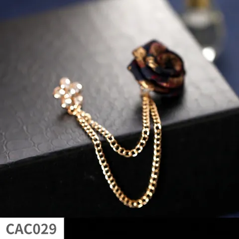 Vintage Korean Alloy Rhinestone Rose Flower Brooch With Double Layer Chain Gold Leaf Lapel Pin For Men Women Suit Accessories