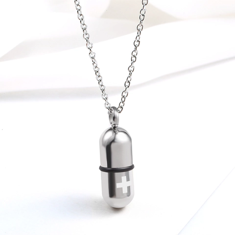 Stainless Steel Capsule Pill Pendant Necklace Openable Memorial Keepsake For Ash With Cross Icon Minimalist Jewelry