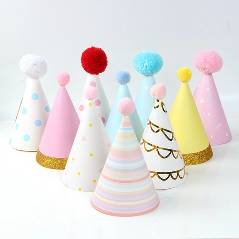 Sombrero De Fiesta De Cumpleaños Cono De Papel Con Pompón Colorido Estampado Dorado Puntos Rayas Decoración Festiva
