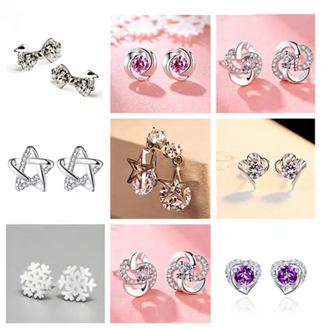 Tige en Argent Sterling 925 Boucles d'Oreilles Clous en Strass pour Femmes Cuivre Étoile Lune Cœur Flocon de Neige Nœud Bijoux de Mode