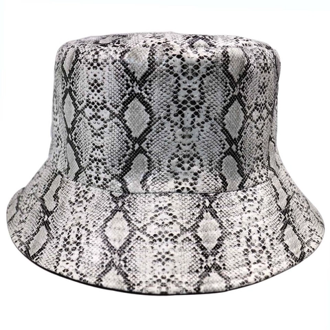 Faux Leather Snake Print Bucket Hat Reversible Foldable Streetwear Basin Cap Outdoor Sun Protection