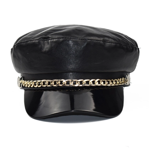 Berretto Newsboy Da Donna In Pelle PU Con Catena In Metallo Dorato Tesa In Vernice Cappello Da Marinaio Vintage Stile Britannico