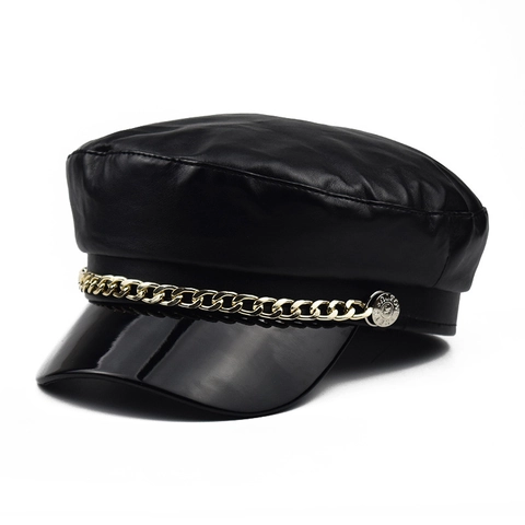 Berretto Newsboy Da Donna In Pelle PU Con Catena In Metallo Dorato Tesa In Vernice Cappello Da Marinaio Vintage Stile Britannico