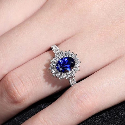 Bague De Fiançailles En Zircon Bleu Ovale Cuivre Luxe Double Halo Pave Band Bijoux De Mariage Vintage Pour Femmes