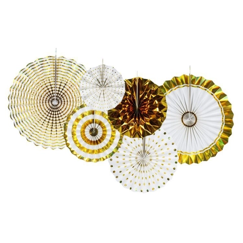 Folding Paper Fan Decorations For Wedding Birthday Party Gold White Stripes Polka Dots Metallic Pattern Paper Hanging Fans Backdrop Decor