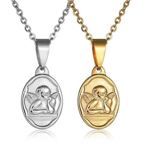 Collar Con Colgante Ovalado En Relieve De Cupido Ángel Vintage Acero Inoxidable Joyería Religiosa Para Mujer
