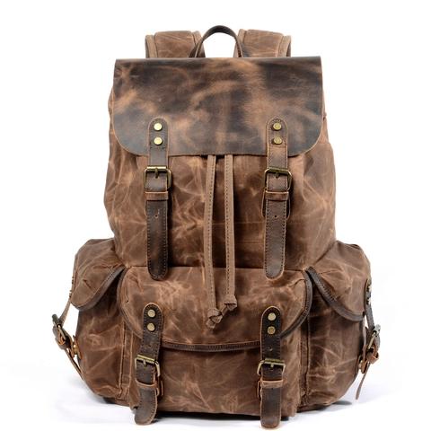 Retro Rugzak Olie Was Canvas Echt Leer Waterdicht Grote Capaciteit Outdoor Reizen Vintage Stijl Heren