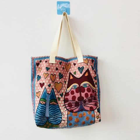 Künstlerische Cartoon Katze Muster Jacquard Gewebte Leinwand Einkaufstasche Große Kapazität Vintage Stil Schulterhandtasche