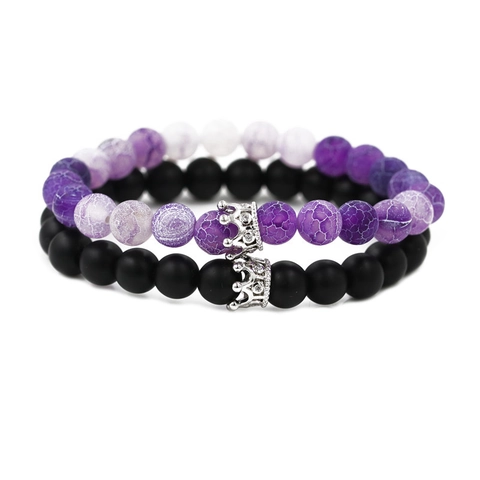 Natural Lava Stone Beaded Bracelet Set With Crown Charm For Men Women Agate Stone Retro Couple Bracelet Jewelry Gift