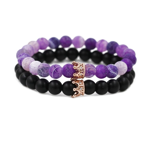Ensemble De Bracelets En Perles Pierre De Lave Volcanique Agate Violette Érodée Couronne En Alliage Zirconia Punk Couple Bijoux