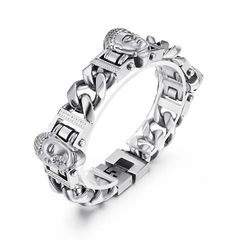 Pulsera Para Hombre De Acero Inoxidable Con Cabeza De Buda Cadena Cubana Con Circonitas Estilo Hip Hop Punk