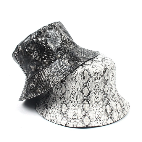 Chapeau Bob Imprimé Serpent Similicuir PU Réversible Double Face Large Bord Protection Solaire Hip Hop Streetwear Tendance Unisexe