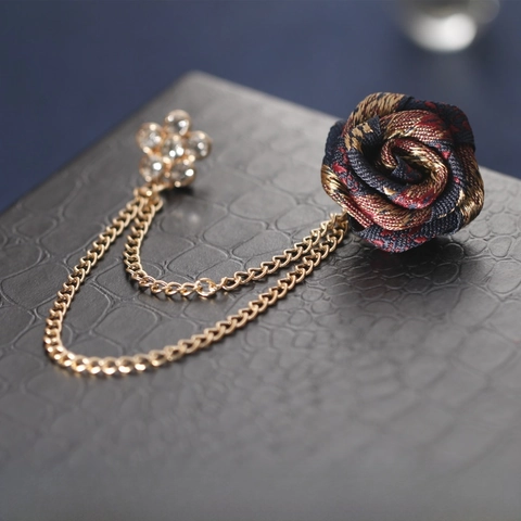 Vintage Korean Alloy Rhinestone Rose Flower Brooch With Double Layer Chain Gold Leaf Lapel Pin For Men Women Suit Accessories