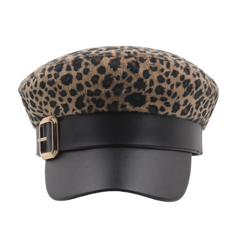 Gorra De Vendedor De Periódicos Con Estampado De Leopardo Piel Sintética Visera Cuero PU Vintage Moda Invierno Para Mujer