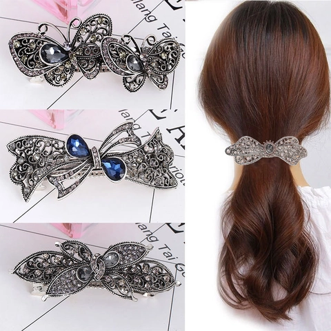 Vintage Hair Clip Alloy Rhinestone Crystal Hollow Butterfly Flower Spring Ponytail Holder Retro Elegant Hairpin Women