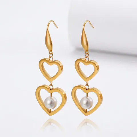 Pendientes Colgantes De Acero Inoxidable Con Doble Corazón Hueco Y Perla Artificial Bañado En Oro De 18K Joyería Elegante