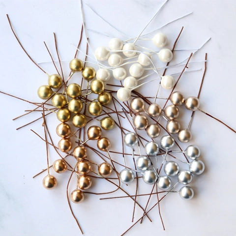 Artificial Berries Metallic Artificial Pearl Foam Beads Wire Stems For Christmas Wedding Cake DIY Craft Home Decoration