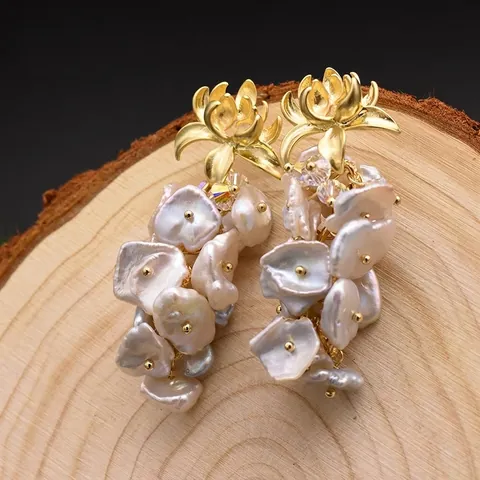 Boucles D'oreilles Künstliche Perles Baroques Lotus Avec Tige En Argent 925 Laiton Doré Cristal Élégant Pour Femme