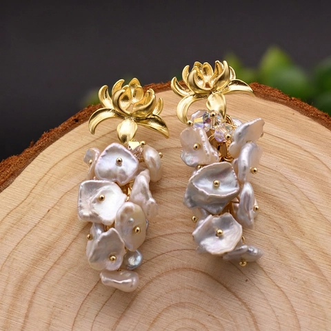 Boucles D'oreilles Künstliche Perles Baroques Lotus Avec Tige En Argent 925 Laiton Doré Cristal Élégant Pour Femme