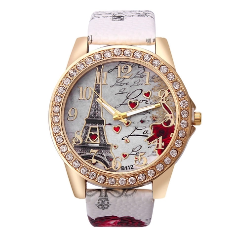 Women Fashion Quartz Watch Eiffel Tower Heart Pattern Rhinestone Bezel PU Leather Printed Strap Casual Analog Wristwatch