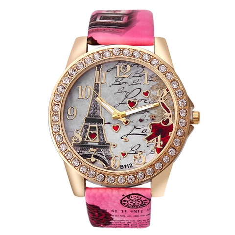 Women Fashion Quartz Watch Eiffel Tower Heart Pattern Rhinestone Bezel PU Leather Printed Strap Casual Analog Wristwatch