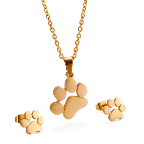 Cute Animal Paw Print Titanium Steel Jewelry Set For Women Hollow Cat Dog Claw Necklace Stud Earrings Elegant Fashion Gift