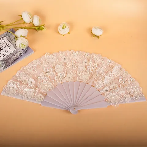 Eleganter Weißer Faltfächer Aus Spitze Mit Kunstperlen Strasssteinen Federn Und Bändern Für Hochzeiten Partys Und Tanz