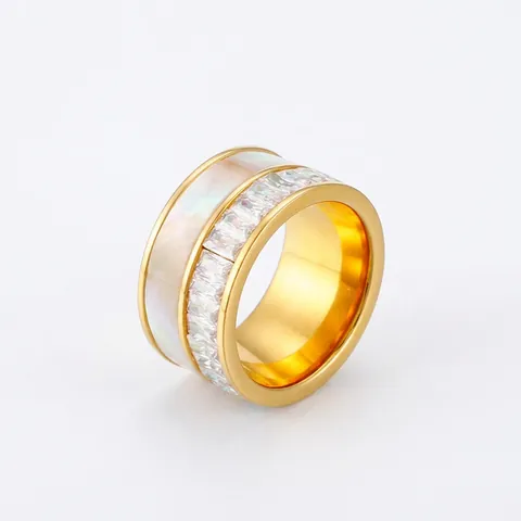 Anillo De Banda Ancha 316L Acero Inoxidable Con Circón E Incrustación De Nácar Joyería Moderna Minimalista Para Mujeres