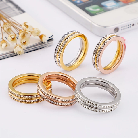 Anillo De Acero Inoxidable Doble Fila Circón Estrás Círculo Completo Joyería De Moda Para Mujeres