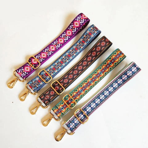 Adjustable Wide Shoulder Strap For Handbags Ethnic Bohemian Woven Crossbody Replacement Bag Belt With Metal Buckle
