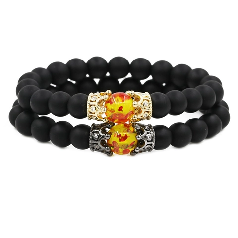 Crown Beaded Bracelet Lava Rock Matte Stone Micro Pave Zirconia Bohemian Jewelry Unisex Accessory