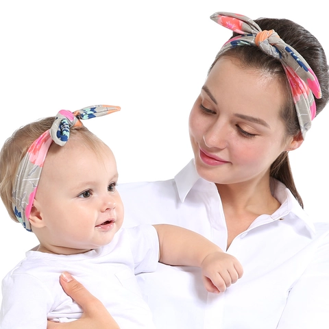 Mother Daughter Headbands Fabric Printed Bow Knot Rabbit Ears Parent Child Matching Hair Accessories Comfortable