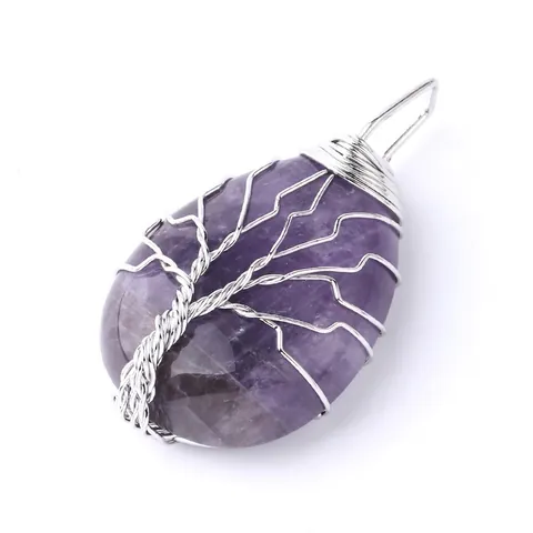 Tree Of Life Teardrop Pendant Necklace Natural Gemstone Handmade Wire Wrapped Bohemian Vintage Jewelry For Women