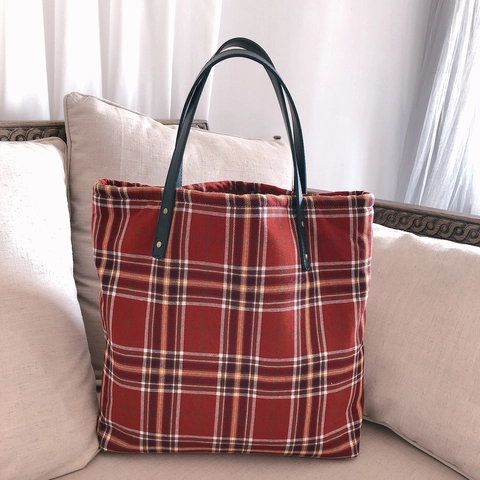 Grand Sac Fourre-Tout Vintage Écossais À Carreaux En Coton Et Lin Sac À Épaule Poignées En Cuir Rivets Style Rétro