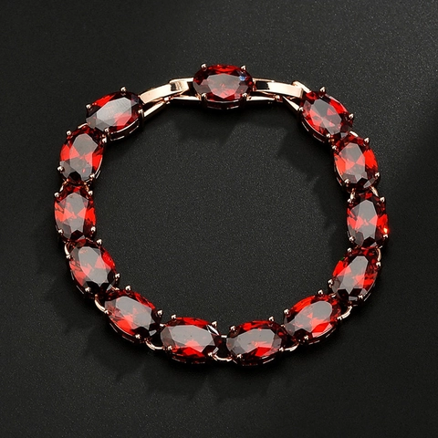 Luxe Koperlegering Ovaal Zirconia Ingelegde Armband Elegant Granaatrood Champagne Edelsteen Armband Voor Vrouwen Huwelijk Sieraden